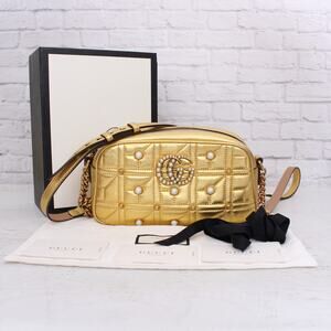 Gucci GG Marmont Pearl Camera Bag Gold Leather Crossbody Shoulder Purse A5048